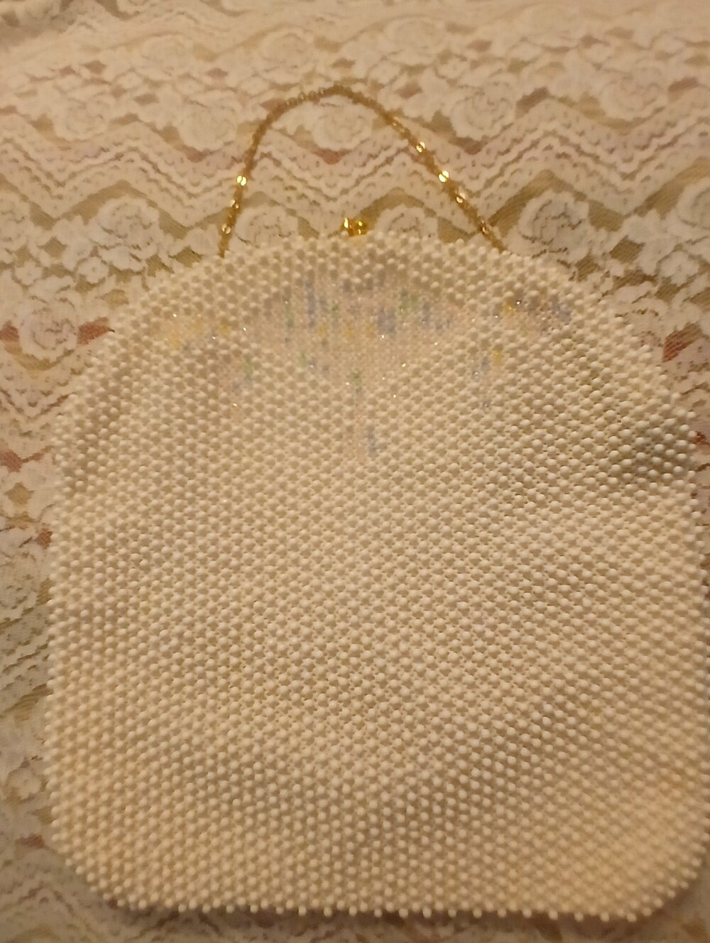Vintage Corde Bead Beaded White Evening Bag With Gold Metal Chain USA